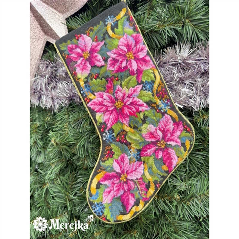 Pink Poinsettia Stocking Cross Stitch Kit by Merejka