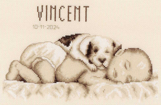 Baby and Dog Birth Sampler Cross Stitch Kit By Vervaco