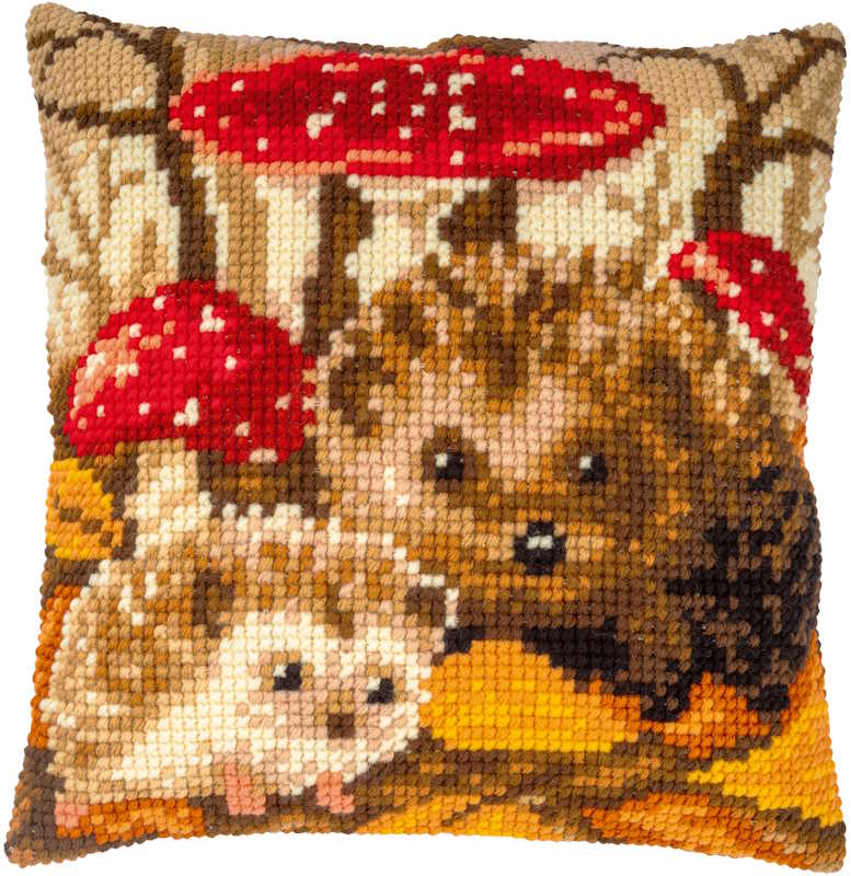 Hedgehogs Printed Cross Stitch Cushion Kit by Vervaco