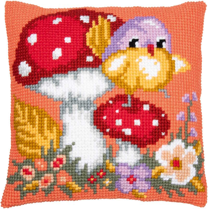 Bird on Mushroom Printed Cross Stitch Cushion Kit by Vervaco