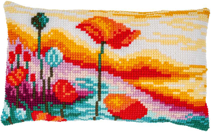 Poppies Landscape Printed Cross Stitch Cushion Kit by Vervaco