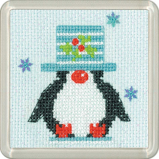 Frosted Penguin Top Hat Cross Stitch Coaster Kit by Heritage Crafts