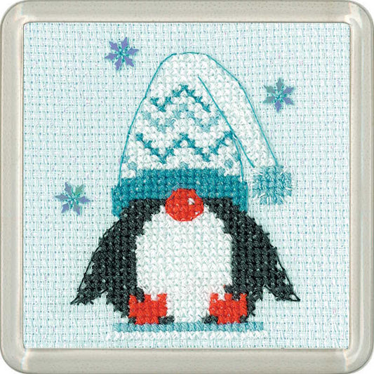 Frosted Penguin Woolly Hat Cross Stitch Coaster Kit by Heritage Crafts