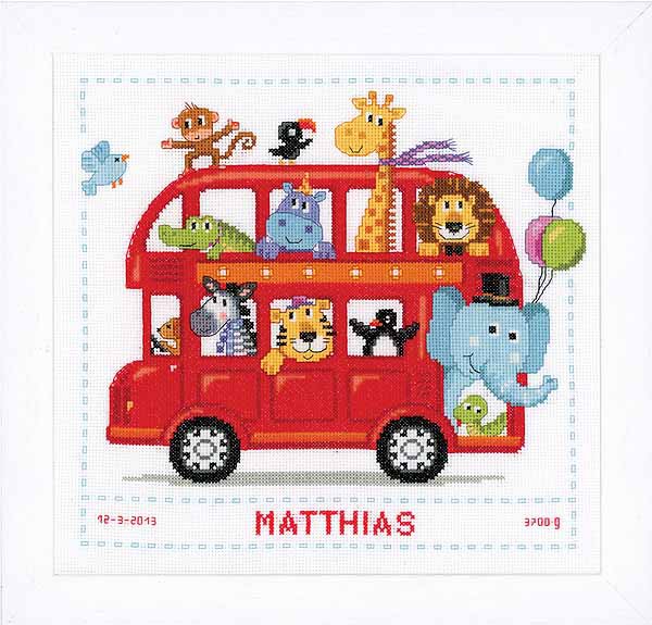 Funny Bus Birth Sampler Cross Stitch Kit By Vervaco