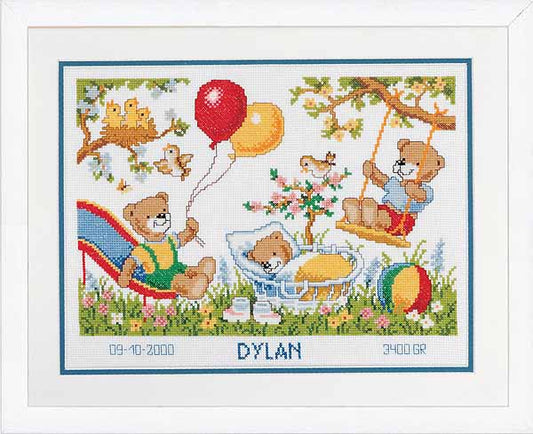 Teddies in the Garden Birth Sampler Cross Stitch Kit By Vervaco