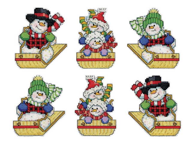 Sledding Snowmen Christmas Ornaments Cross Stitch Kit by Design Works