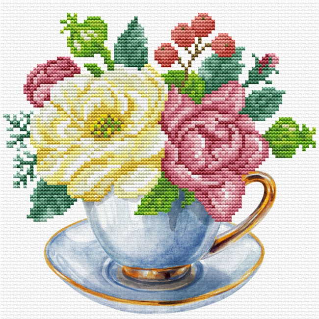 Blue Tea Cup Printed Cross Stitch Kit by Needleart World