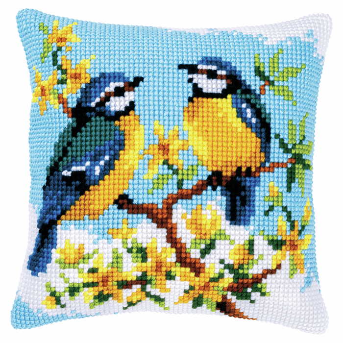 Blue Tits Printed Cross Stitch Cushion Kit by Vervaco