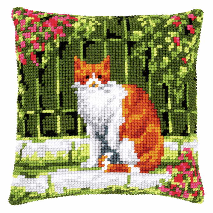 Cat Between Flowers Printed Cross Stitch Cushion Kit by Vervaco